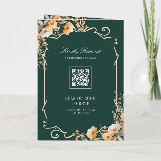 Invitation Fall Wildflower Crest Emerald QR Code Wedding (Dos)