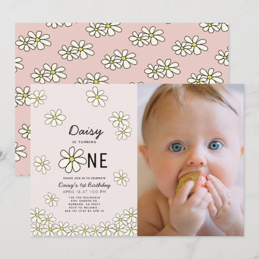 Invitation Falling Daisies Floral Pink Photo 1er anniversaire (Devant / Derrière)