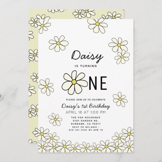 Invitation Falling Daisys Blanc Floral 1er anniversaire (Devant / Derrière)