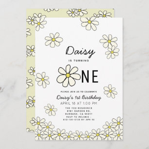 Invitation Falling Daisys Blanc Floral 1er anniversaire