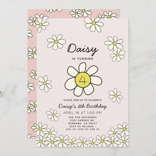 Invitation Falling Daisys Rose Floral Anniversaire (Devant / Derrière)