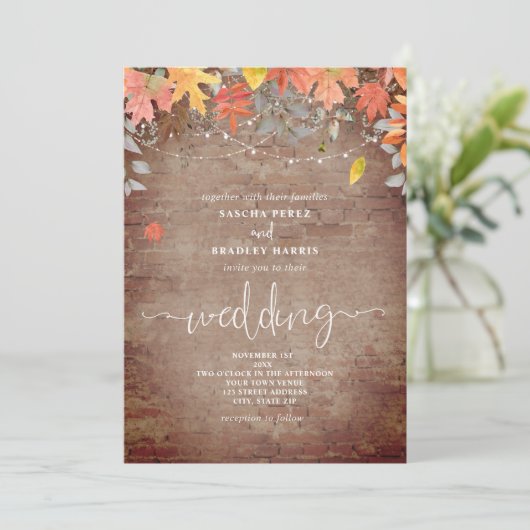 Invitation Falling Feuille Brick String Lights Mariage d'auto (Debout devant)