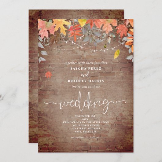 Invitation Falling Feuille Brick String Lights Mariage d'auto (Devant / Derrière)