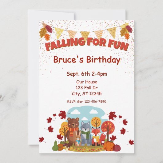 Invitation Falling for fun, Woodland Animal birthday  (Devant)
