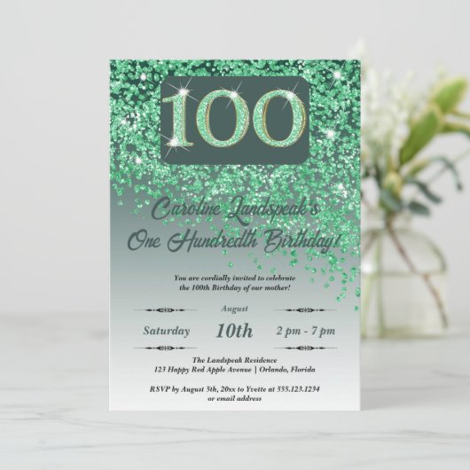Invitation Falling Green Parties scintillant 100th Birthday P (Debout devant)
