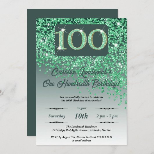Invitation Falling Green Parties scintillant 100th Birthday P (Devant / Derrière)