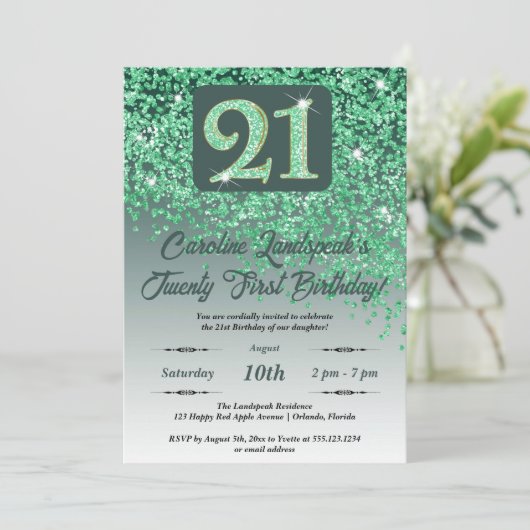 Invitation Falling Green Parties scintillant 21e fête d'anniv (Debout devant)