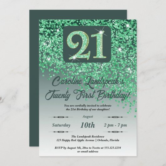 Invitation Falling Green Parties scintillant 21e fête d'anniv (Devant / Derrière)