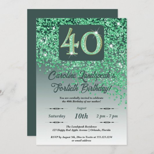 Invitation Falling Green Parties scintillant 40th Birthday Pa (Devant / Derrière)