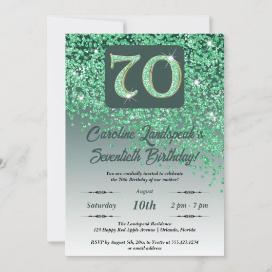 Invitation Falling Green Parties scintillant 70th Birthday Pa (Devant)