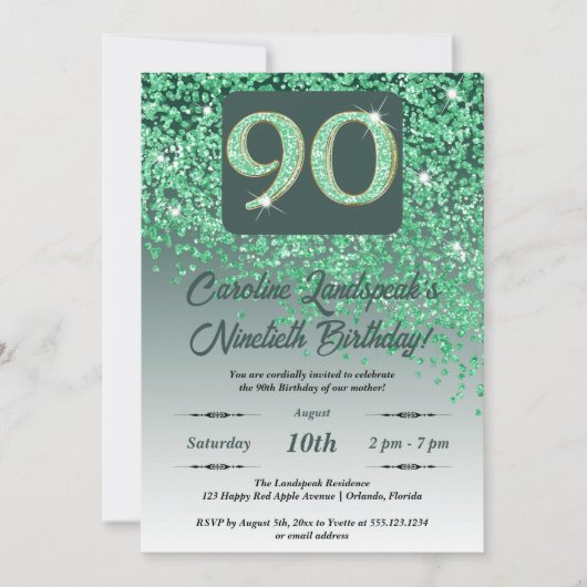 Invitation Falling Green Parties scintillant 90th Birthday Pa (Devant)