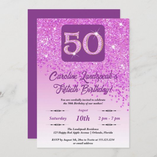 Invitation Falling Pink Parties scintillant 50th Birthday Par (Devant / Derrière)