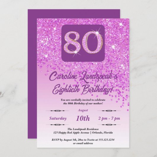 Invitation Falling Pink Parties scintillant 80th Birthday Par (Devant / Derrière)