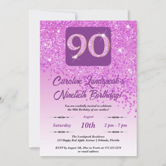 Invitation Falling Pink Parties scintillant 90th Birthday Par (Devant)