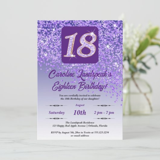 Invitation Falling Purple Parties scintillant 18th Birthday P (Debout devant)