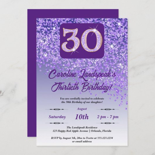 Invitation Falling Purple Parties scintillant 30th Birthday P (Devant / Derrière)