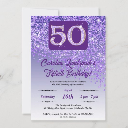Invitation Falling Purple Parties scintillant 50th Birthday P (Devant)