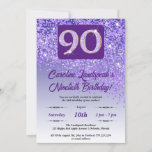 Invitation Falling Purple Parties scintillant 90th Birthday P<br><div class="desc">Parties scintillant violette à dégradé violet glamour et étoiles brillantes.</div>