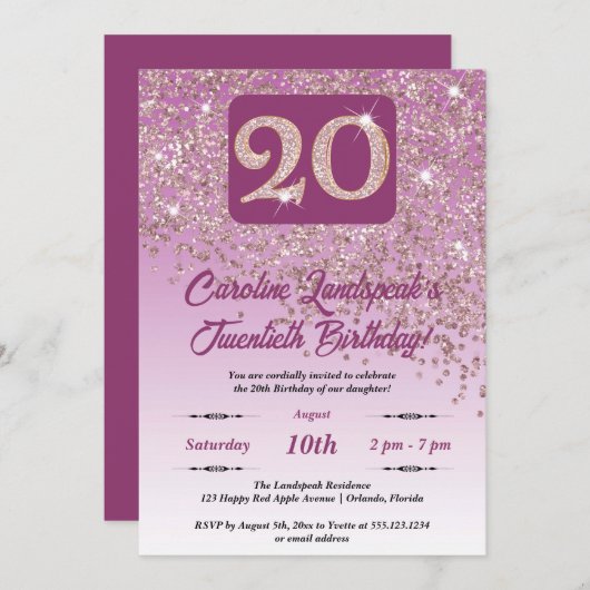 Invitation Falling Rose Gold Parties scintillant 20e fête d'a (Devant / Derrière)