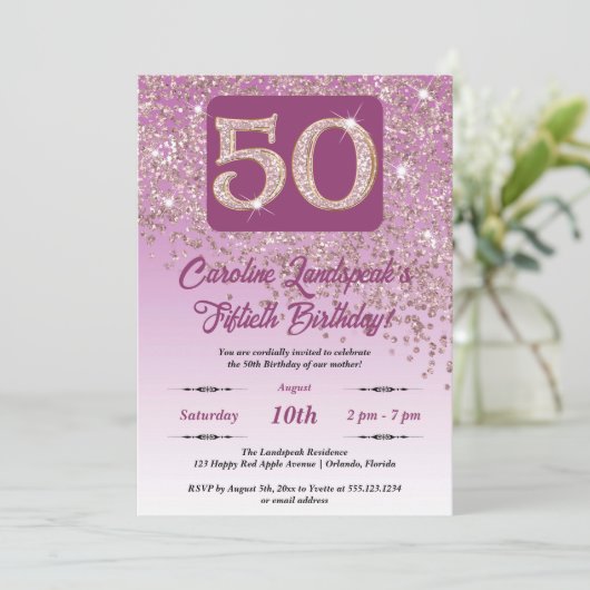 Invitation Falling Rose Gold Parties scintillant 50e fête d'a (Debout devant)