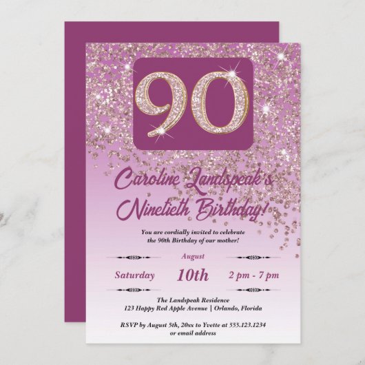 Invitation Falling Rose Gold Parties scintillant 90th Birthda (Devant / Derrière)