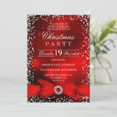 Invitation Falling Snow Red White Bow Christmas Party (Debout devant)