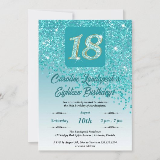 Invitation Falling Turquoise Blue Parties scintillant 18th Bi (Devant)
