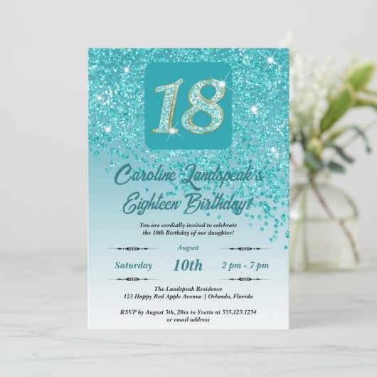 Invitation Falling Turquoise Blue Parties scintillant 18th Bi (Debout devant)