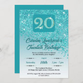 Invitation Falling Turquoise Blue Parties scintillant 20th Bi (Devant / Derrière)