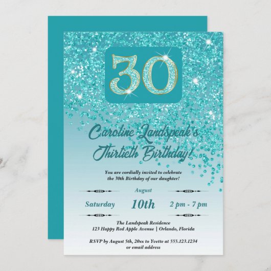 Invitation Falling Turquoise Blue Parties scintillant 30th Bi (Devant / Derrière)