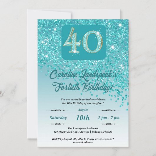 Invitation Falling Turquoise Blue Parties scintillant 40th Bi (Devant)
