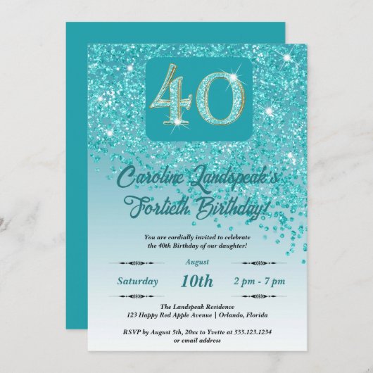 Invitation Falling Turquoise Blue Parties scintillant 40th Bi (Devant / Derrière)