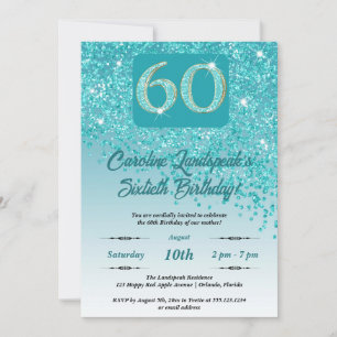 Invitation Falling Turquoise Blue Parties scintillant 60th Bi