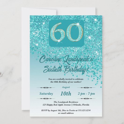 Invitation Falling Turquoise Blue Parties scintillant 60th Bi (Devant)