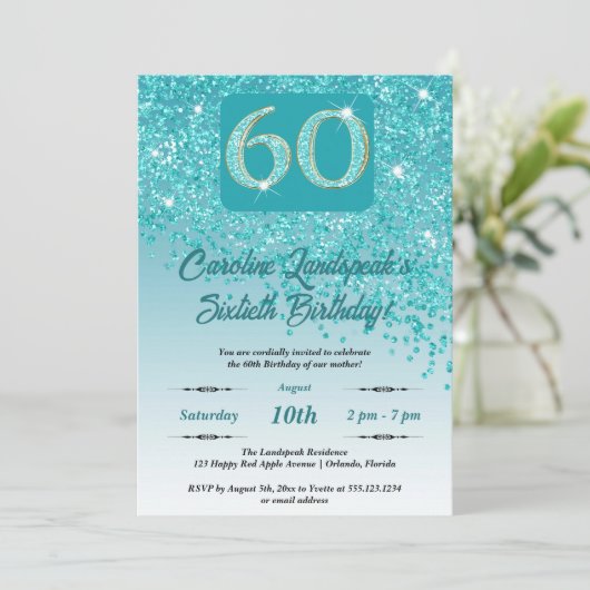 Invitation Falling Turquoise Blue Parties scintillant 60th Bi (Debout devant)