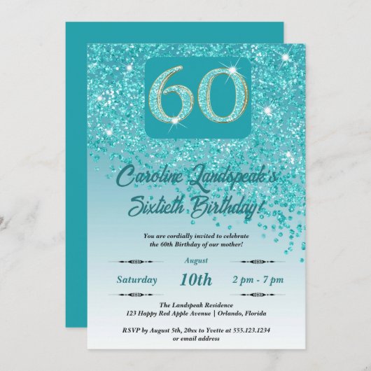 Invitation Falling Turquoise Blue Parties scintillant 60th Bi (Devant / Derrière)