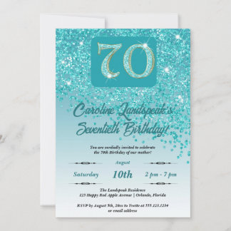 Invitation Falling Turquoise Blue Parties scintillant 70th Bi
