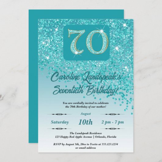 Invitation Falling Turquoise Blue Parties scintillant 70th Bi (Devant / Derrière)