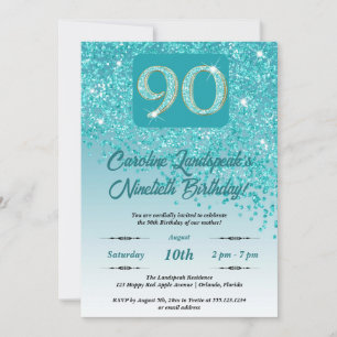 Invitation Falling Turquoise Blue Parties scintillant 90th Bi