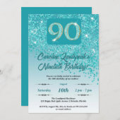 Invitation Falling Turquoise Blue Parties scintillant 90th Bi (Devant / Derrière)