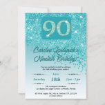 Invitation Falling Turquoise Blue Parties scintillant 90th Bi<br><div class="desc">Parties scintillant Bleue Turquoise Glamour avec dégradé turquoise et étoiles brillantes.</div>