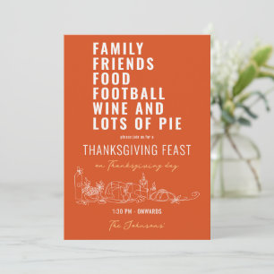 Invitation Famille amis Nourriture Football Vin tarte Thanksg