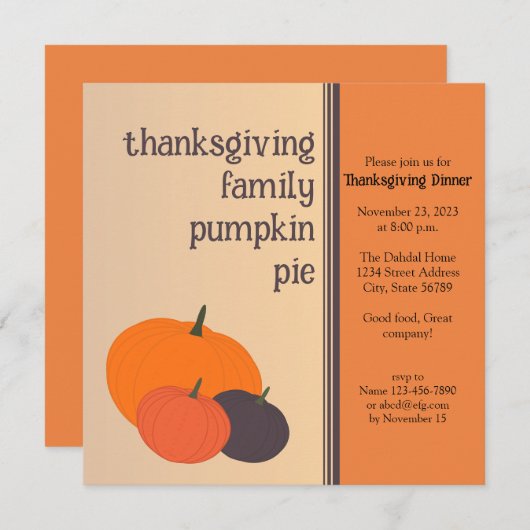 Invitation Famille Citrouille Pie Thanksgiving Dîner Invitati (Devant / Derrière)