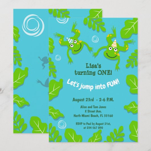 Invitation Famille de grenouilles de premier anniversaire dan (Devant / Derrière)