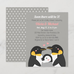 Invitation Famille de manchots de trois Baby Shower Gris
