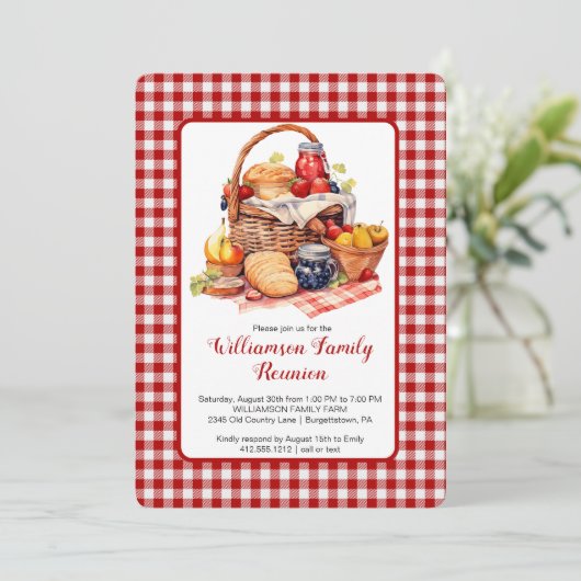 Invitation Famille Réunion Rouge blanc Check Pique-nique Invi (Debout devant)