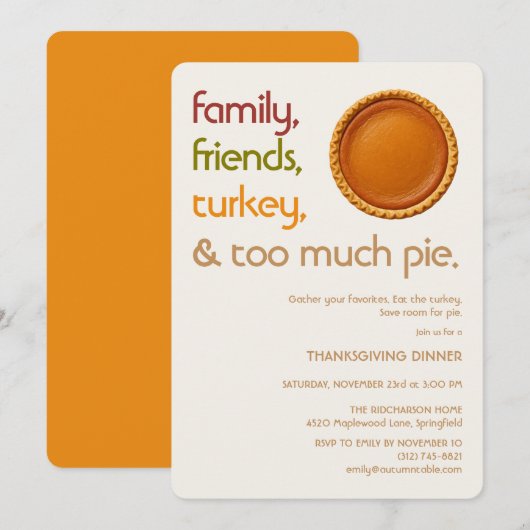 Invitation Family, Friends, Turkey, Pie Modern Thanksgiving (Devant / Derrière)