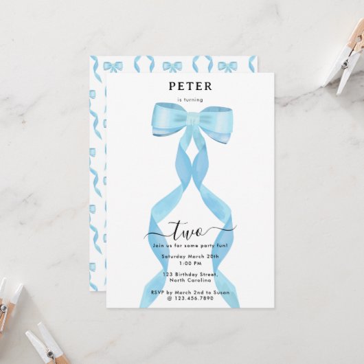 Invitation Fancy Aquarelle Bleu Bow Formel Anniversaire (Devant/Arrière en situation)