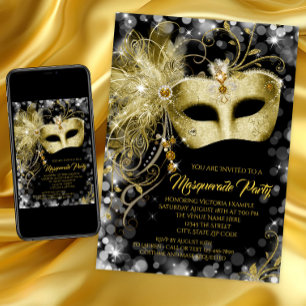 Invitation Fancy Black Gold Parties scintillant Masquerade Pa