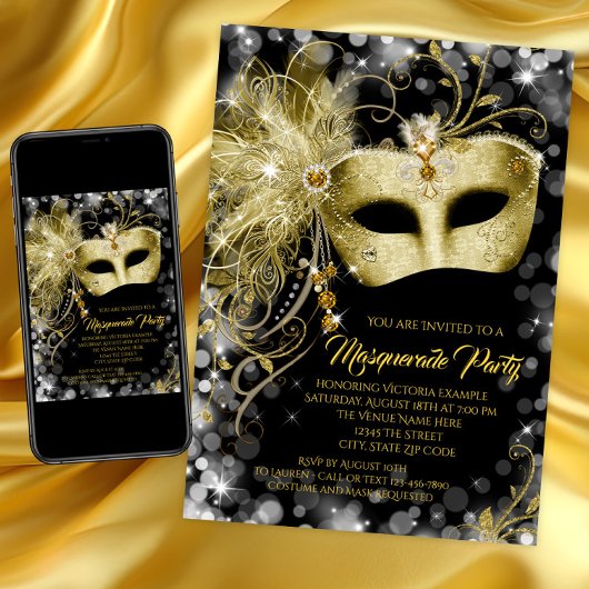 Invitation Fancy Black Gold Parties scintillant Masquerade Pa